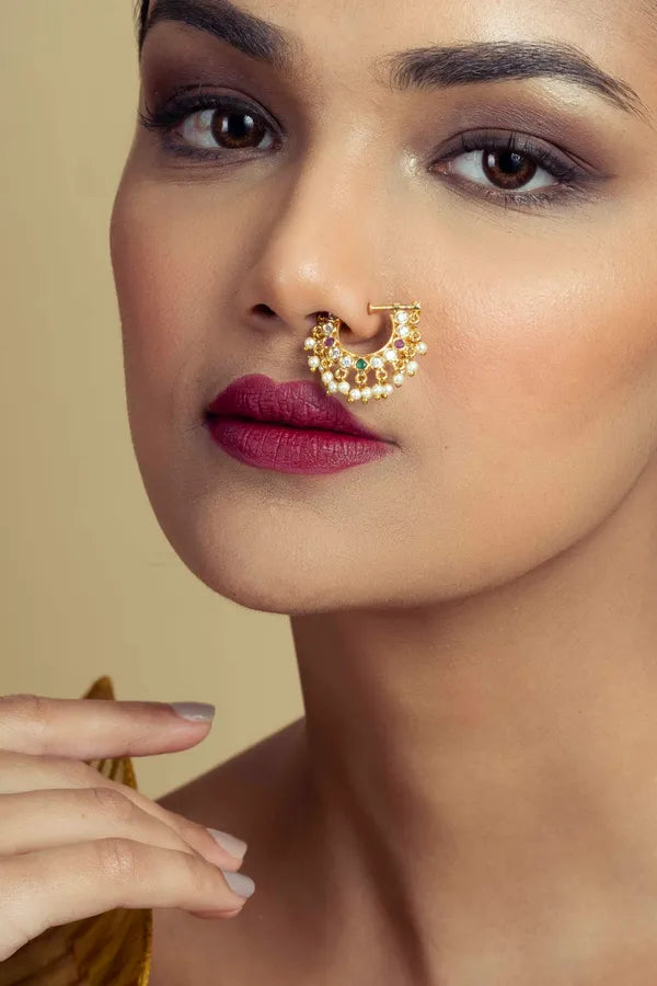 Gold Finish Red & Green Non-Pierced Kundan Nath With Pearl Drops