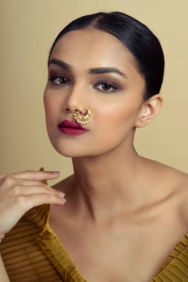 Gold Finish Red & Green Non-Pierced Kundan Nath With Pearl Drops