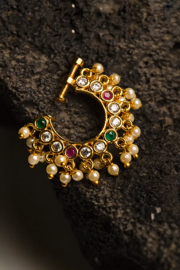 Gold Finish Red & Green Non-Pierced Kundan Nath With Pearl Drops