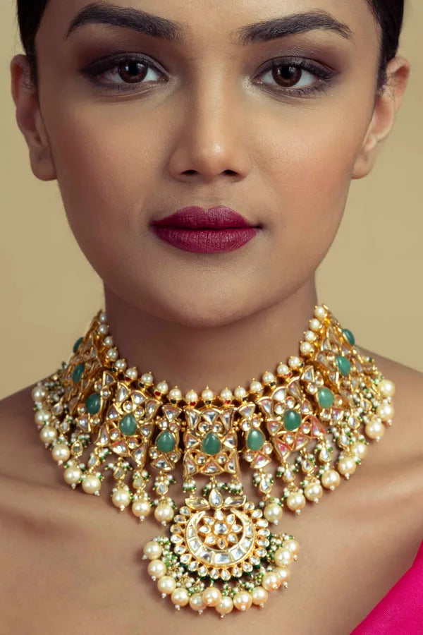 Green & Gold Choker Necklace With Pearl Drops