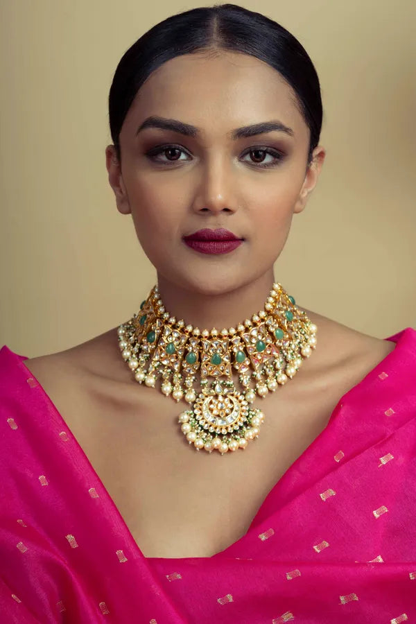 Green & Gold Choker Necklace With Pearl Drops