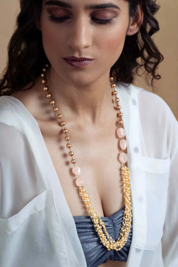 Rose Quartz And Gold Pearl Necklace