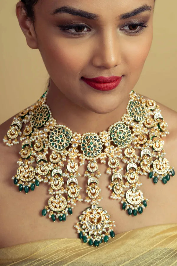 Statement Green And Gold Emerald Drops Choker Necklace