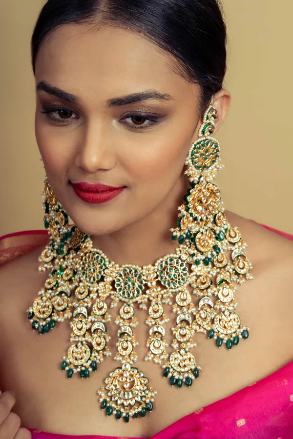 Statement Green And Gold Emerald Drops Chandbali Earrings