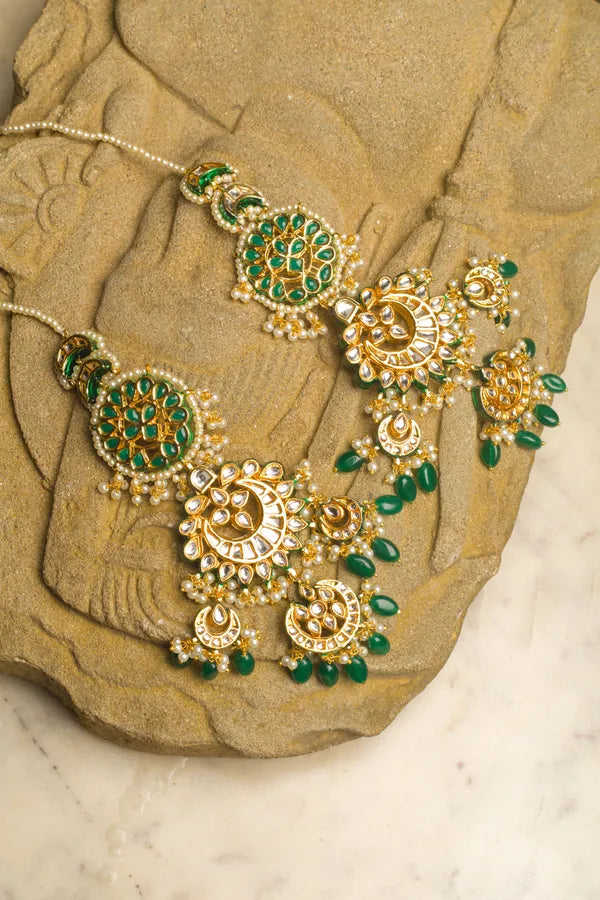 Statement Green And Gold Emerald Drops Chandbali Earrings