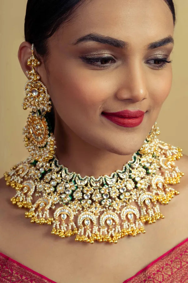 Statement Gold Green Kundan Chand Gold Beads Necklace