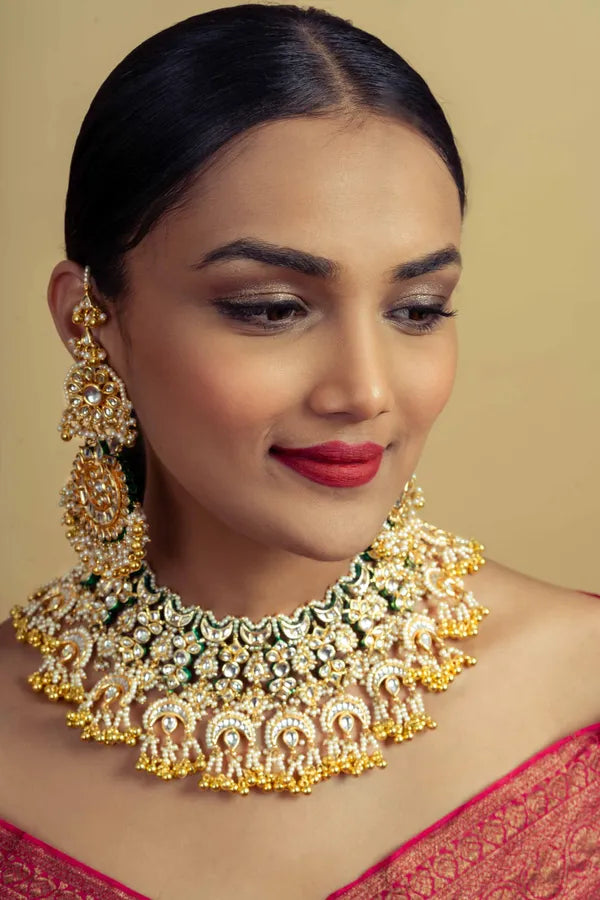 Statement Gold Green Kundan Chand Gold Beads Necklace