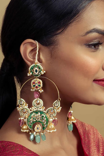Green Meena Kundan Chandbali With Tourmaline Drops