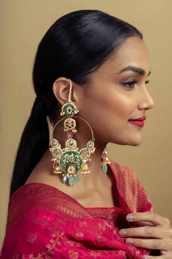 Green Meena Kundan Chandbali With Tourmaline Drops