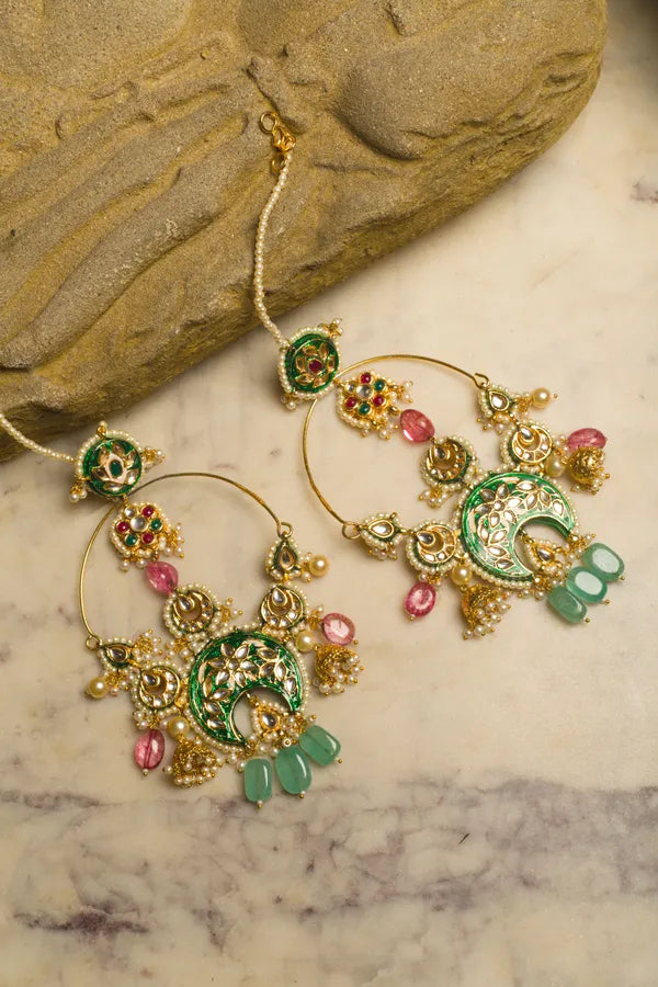 Green Meena Kundan Chandbali With Tourmaline Drops