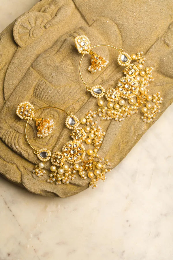 Statement Gold Chandbali With Jhumki & Pearls