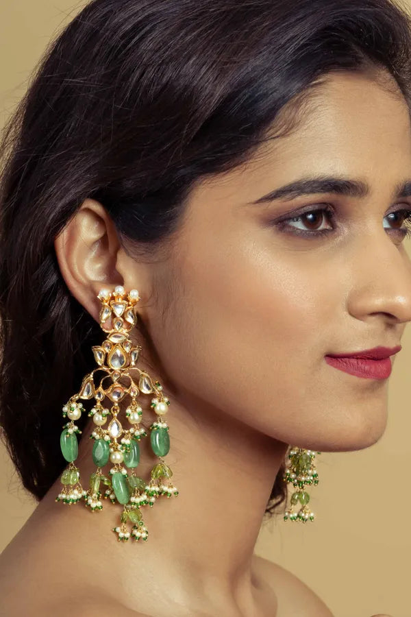 Gold & Green Kundan Earrings With Peridot Drops
