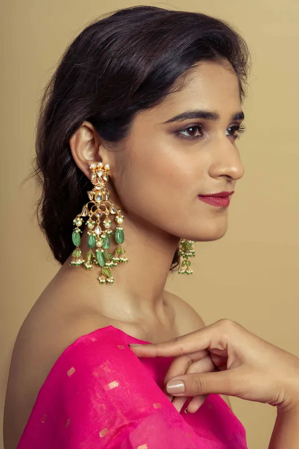 Gold & Green Kundan Earrings With Peridot Drops