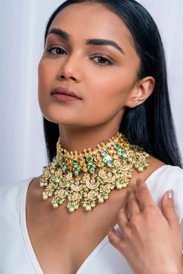 Green Enamel & Kundan Chand Choker Necklace