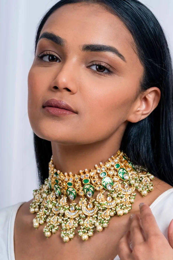 Green Enamel & Kundan Chand Choker Necklace