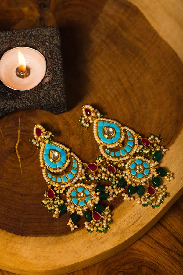 Feroza Red Green Kundan Dangler Earrings