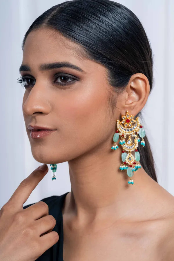 Red Kundan Feroza Pearls Chand Biya Earrings