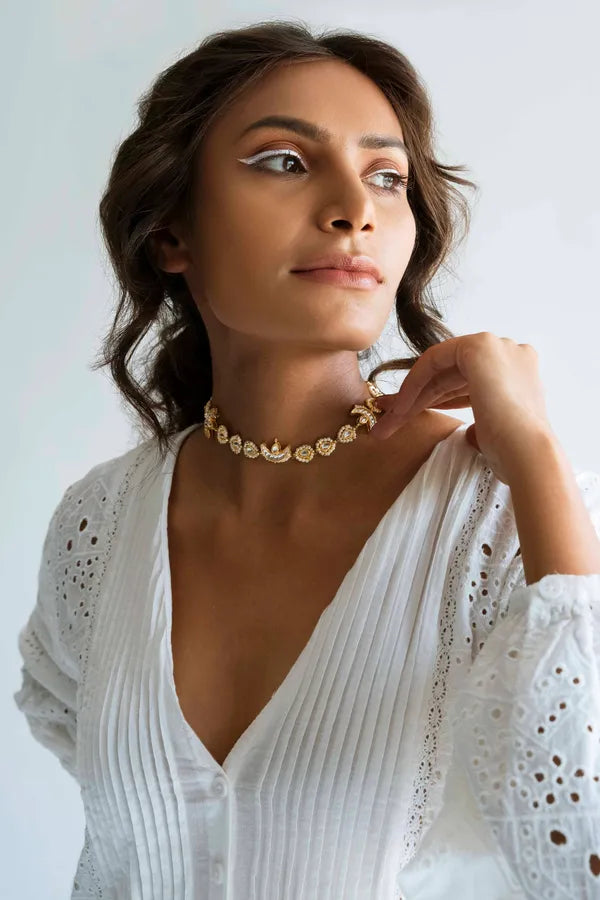 Gold Finish Chand Biya Kundan Pearl Necklace