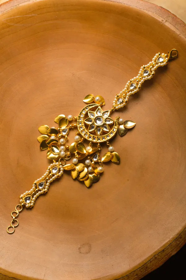 Statement Golden Bracelet with Pearls & Pipalpatti