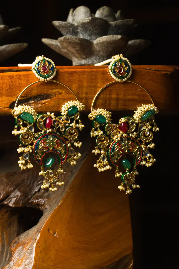 Multi Meena Kundan Chandbali With Green Drop