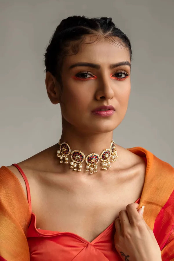 Red & Blue Meenakari With Pearl Drops Choker Necklace