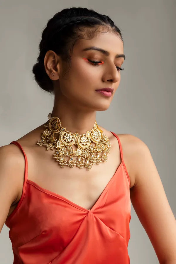 Statement Golden Fish Motif Kundan Choker Necklace