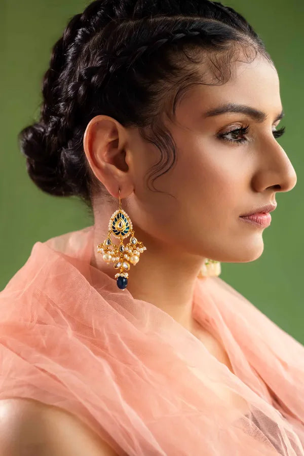Blue Meena Kundan Earrings with Pearls
