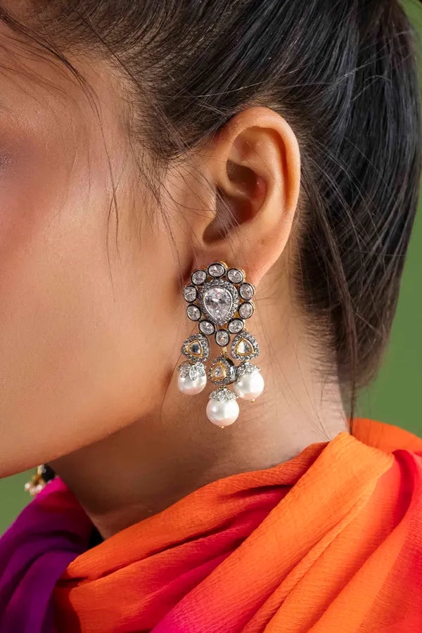 Silver Finish Zircon Pearl White Dangler Earrings