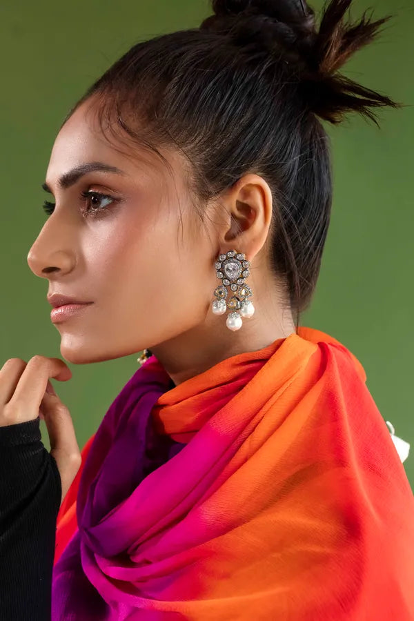 Silver Finish Zircon Pearl White Dangler Earrings