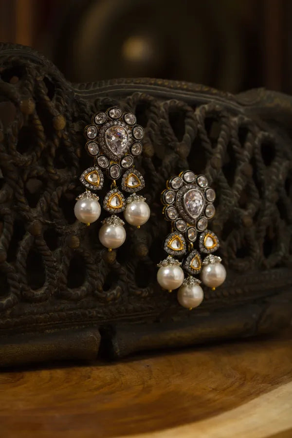 Silver Finish Zircon Pearl White Dangler Earrings