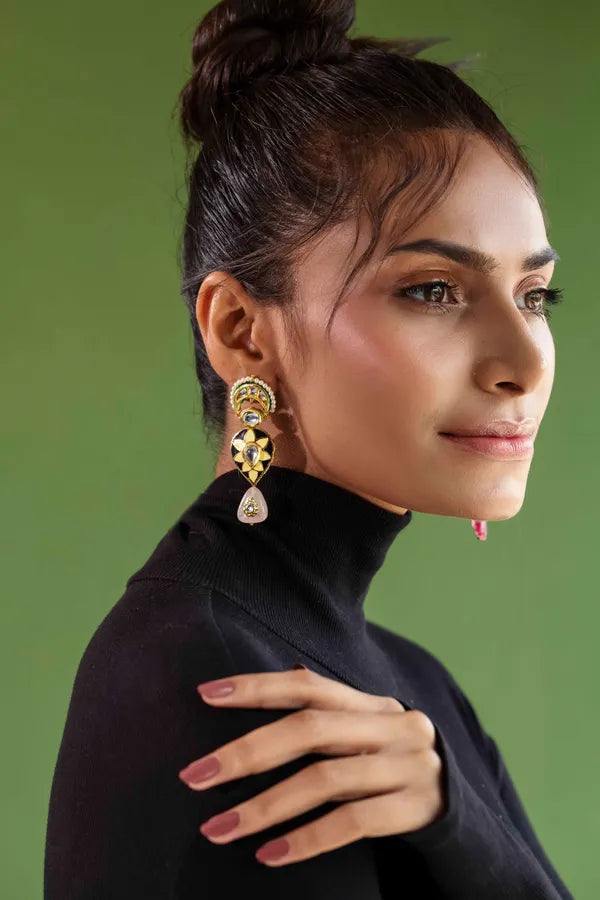 Black Enamel Kundan Rose Quartz Drop Earrings