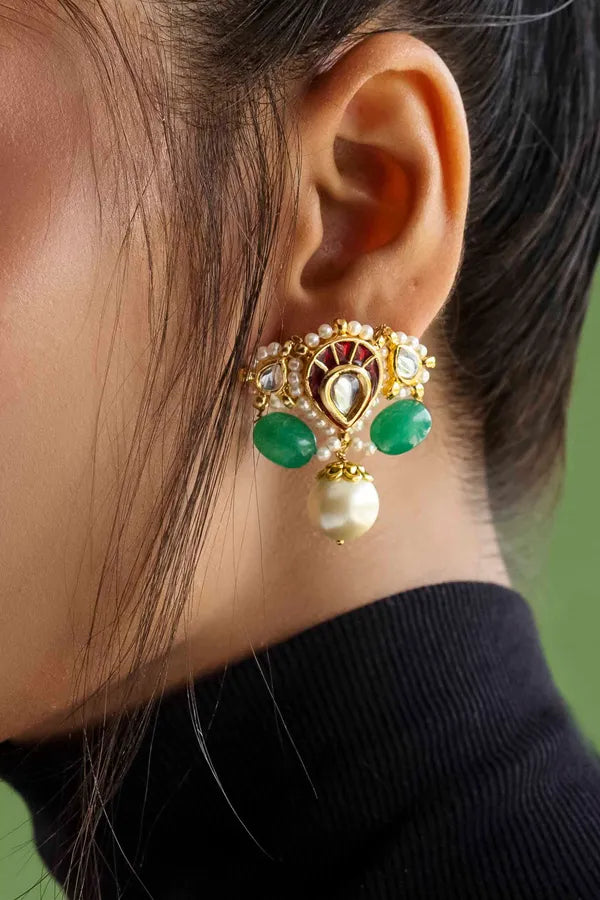 Red Kundan With Emerald and Pearl Drops Earrings