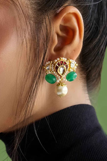 Red Kundan With Emerald and Pearl Drops Earrings