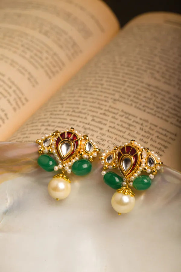 Red Kundan With Emerald and Pearl Drops Earrings