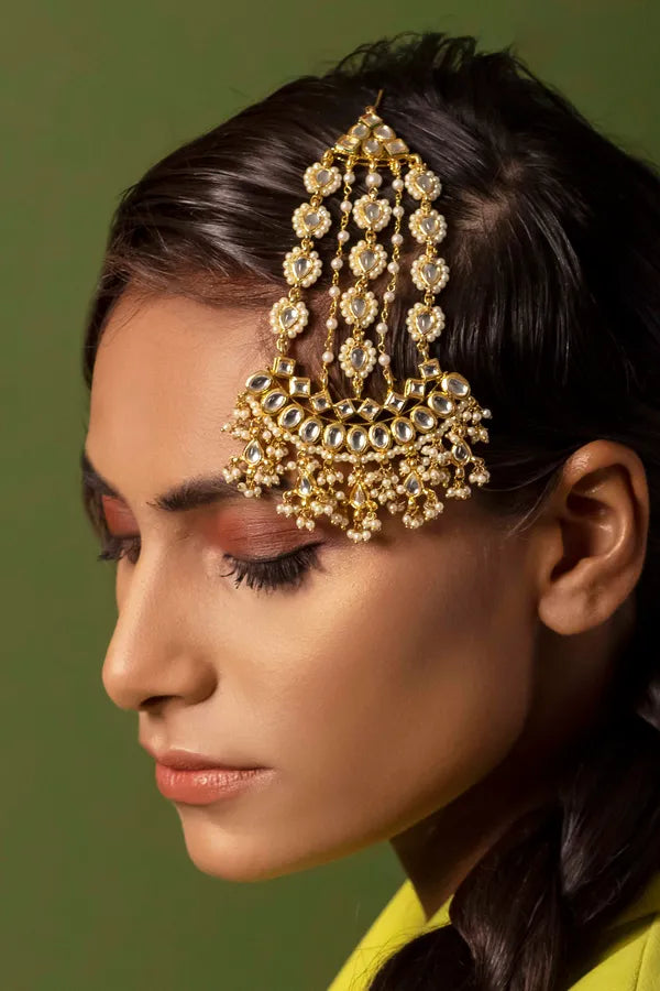 Gold & White Kundan Biya Pearls Passa