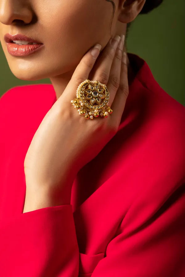 Gold Finish Flower Pearl Kundan Ring