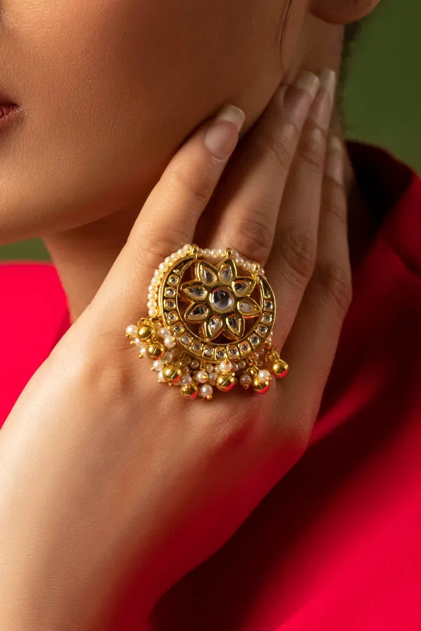 Gold Finish Flower Pearl Kundan Ring