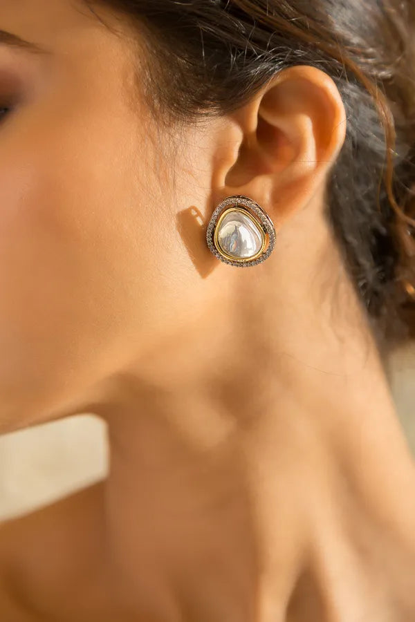 Dual Finish Silver Gold Zirconia Stud Earrings