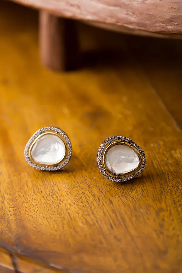 Dual Finish Silver Gold Zirconia Stud Earrings
