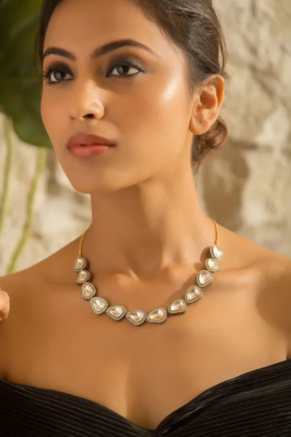Silver & Gold Zirconia Necklace With Gold Chain
