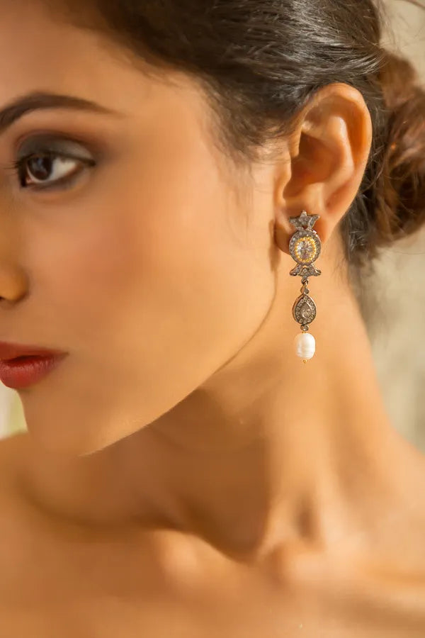 Gold & Silver Zirconia Earrings With White Pearl