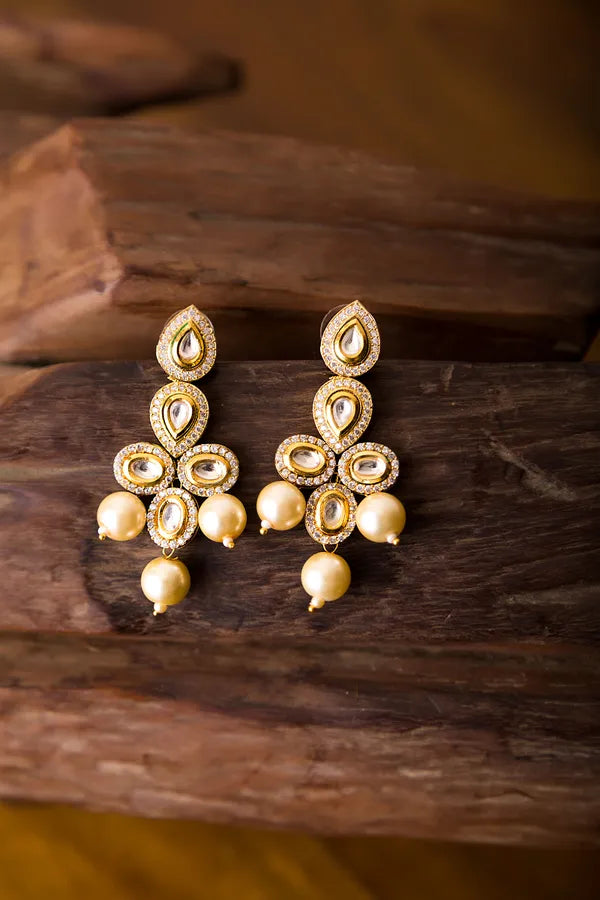 Gold & Silver Petal Zirconia Earrings With Pearls