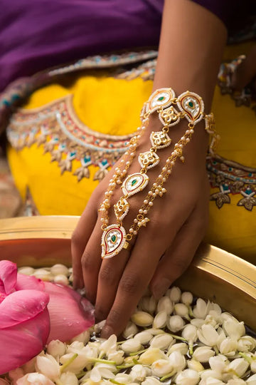 Green Kundan Red Meena Gold Haathphool