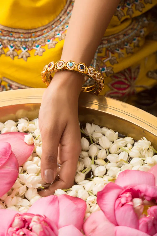 Multi Color Golden Kundan Bangle With Pearls