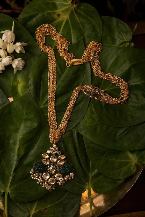 Blue Meena Green Kundan Pendant Necklace