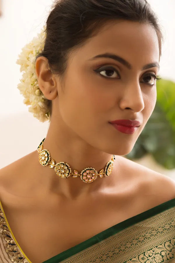 Gold Finish Kundan Petal Choker Necklace