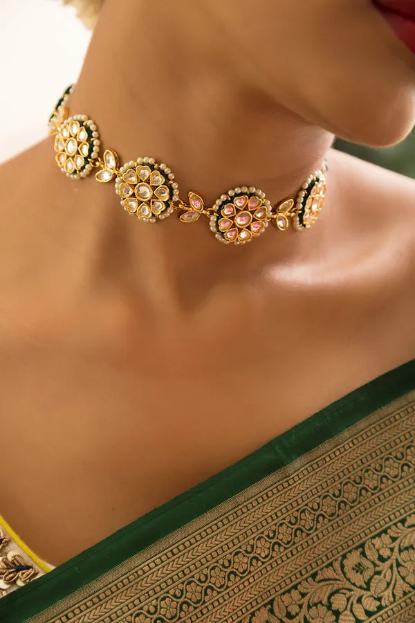 Gold Finish Kundan Petal Choker Necklace