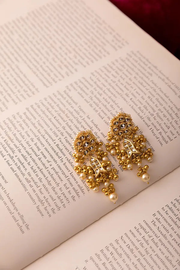 Flower Fish Kundan White & Gold Pearls Earrings