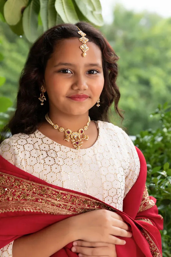 Kundan Red Hexa Drop Pearls Earrings