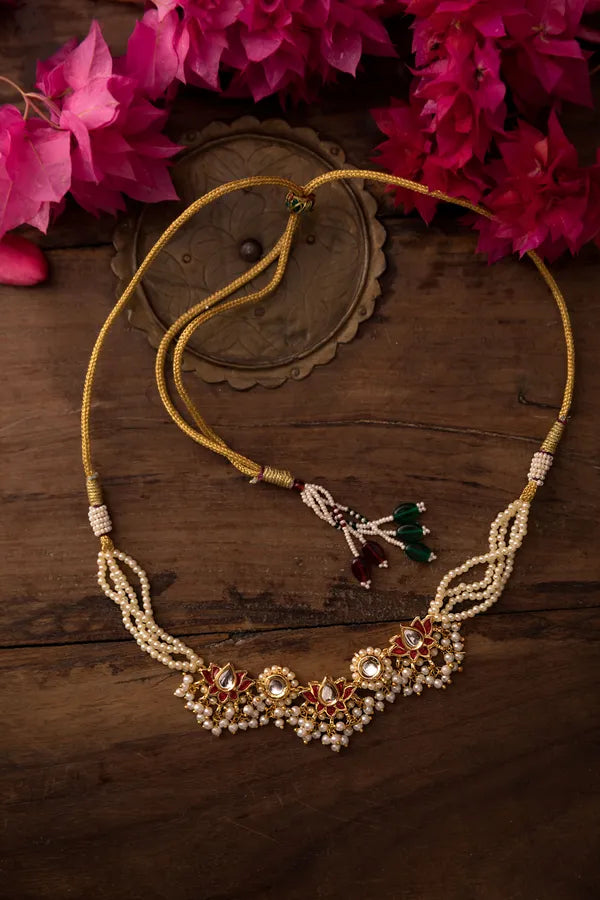 Red Lotus Pearls Kundan Choker Necklace